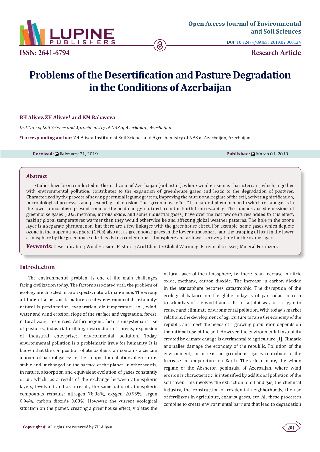 Problems of the Desertification and Pasture Degradation in the Conditions of Azerbaijan