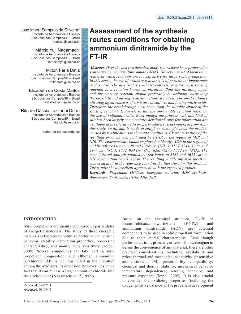 Assessment of the Synthesis Routes Conditions for Obtaining Ammonium Dinitramide by the FT-IR