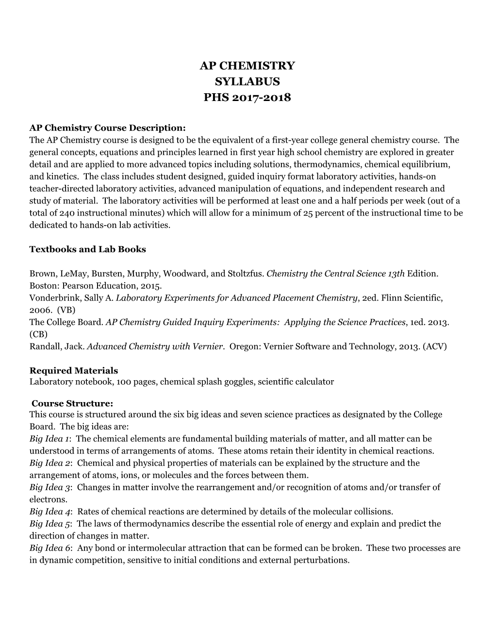 Ap Chemistry Syllabus Phs 2017-2018