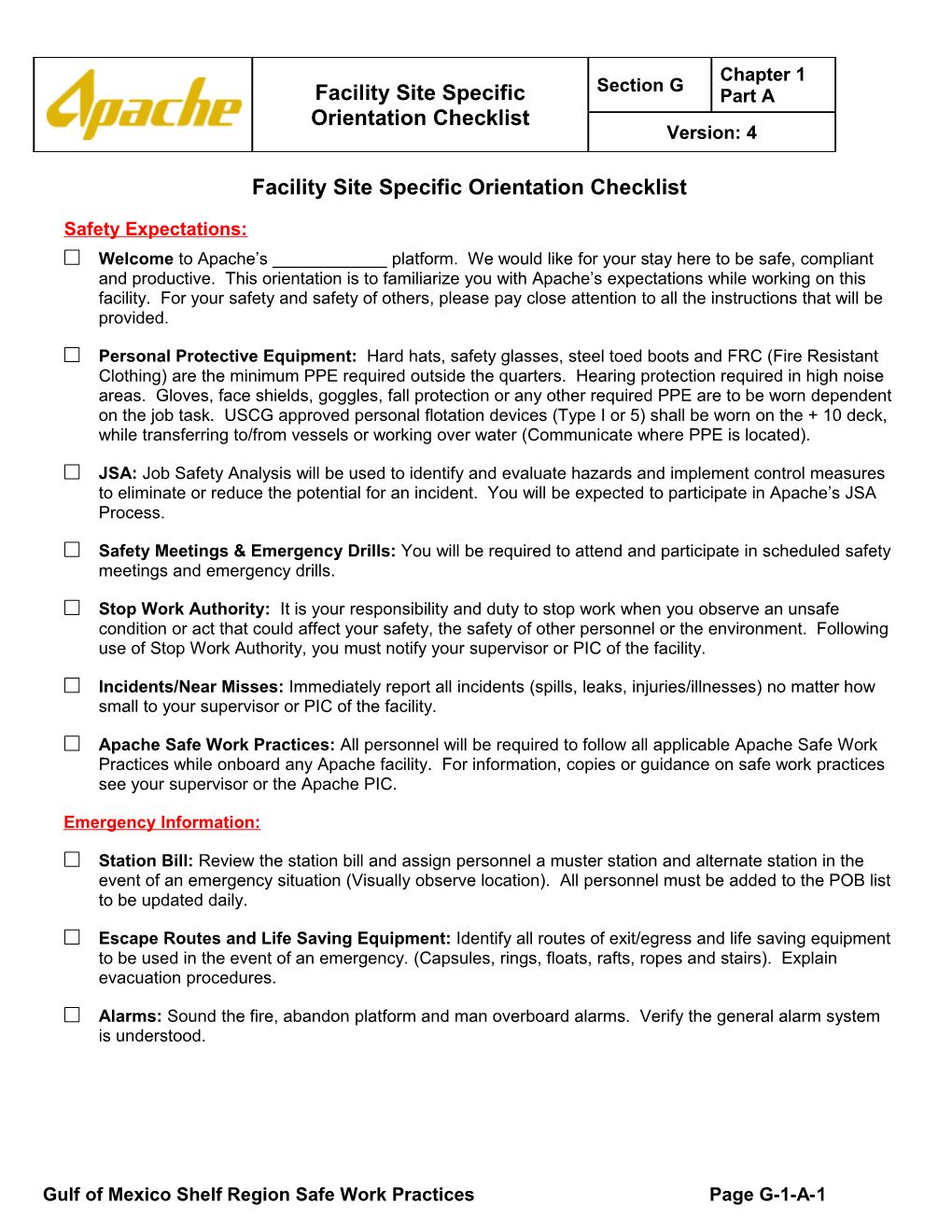 Facility Site Specific Orientation Checklist