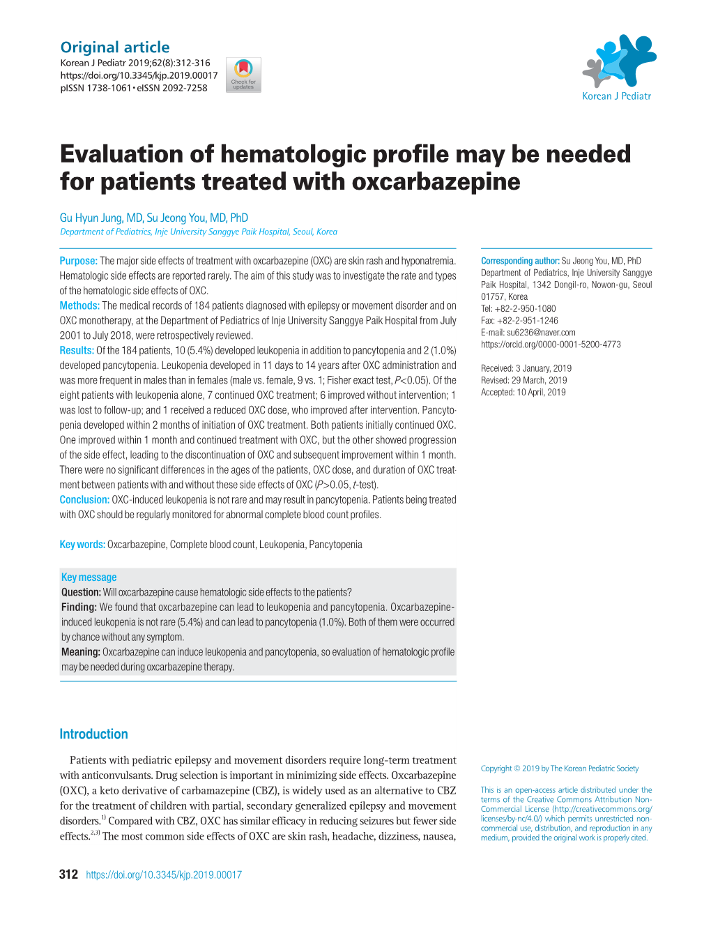 Evaluation of Hematologic Profile May Be Needed for Patients Treated with Oxcarbazepine