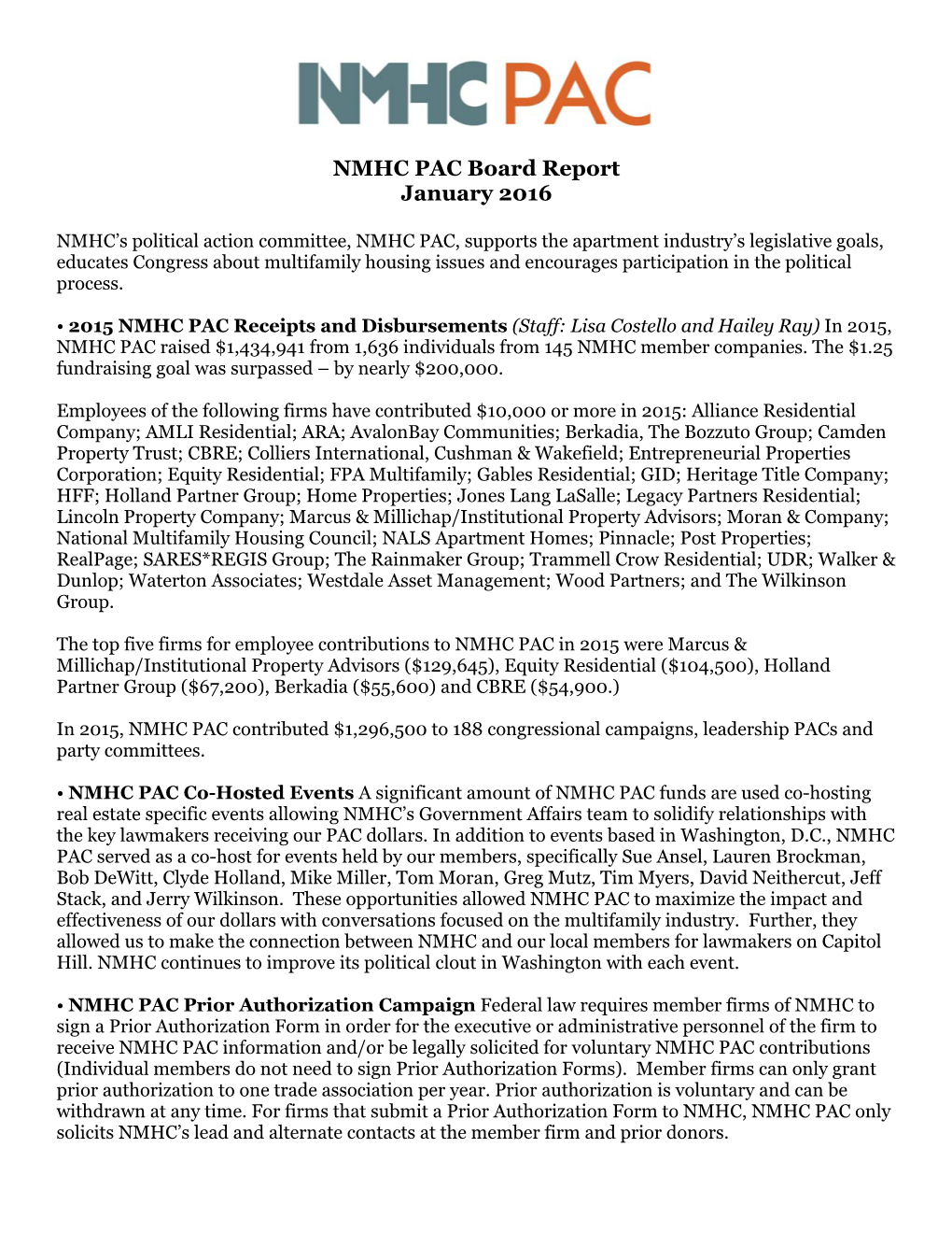 NMHC PAC Board Report January 2016