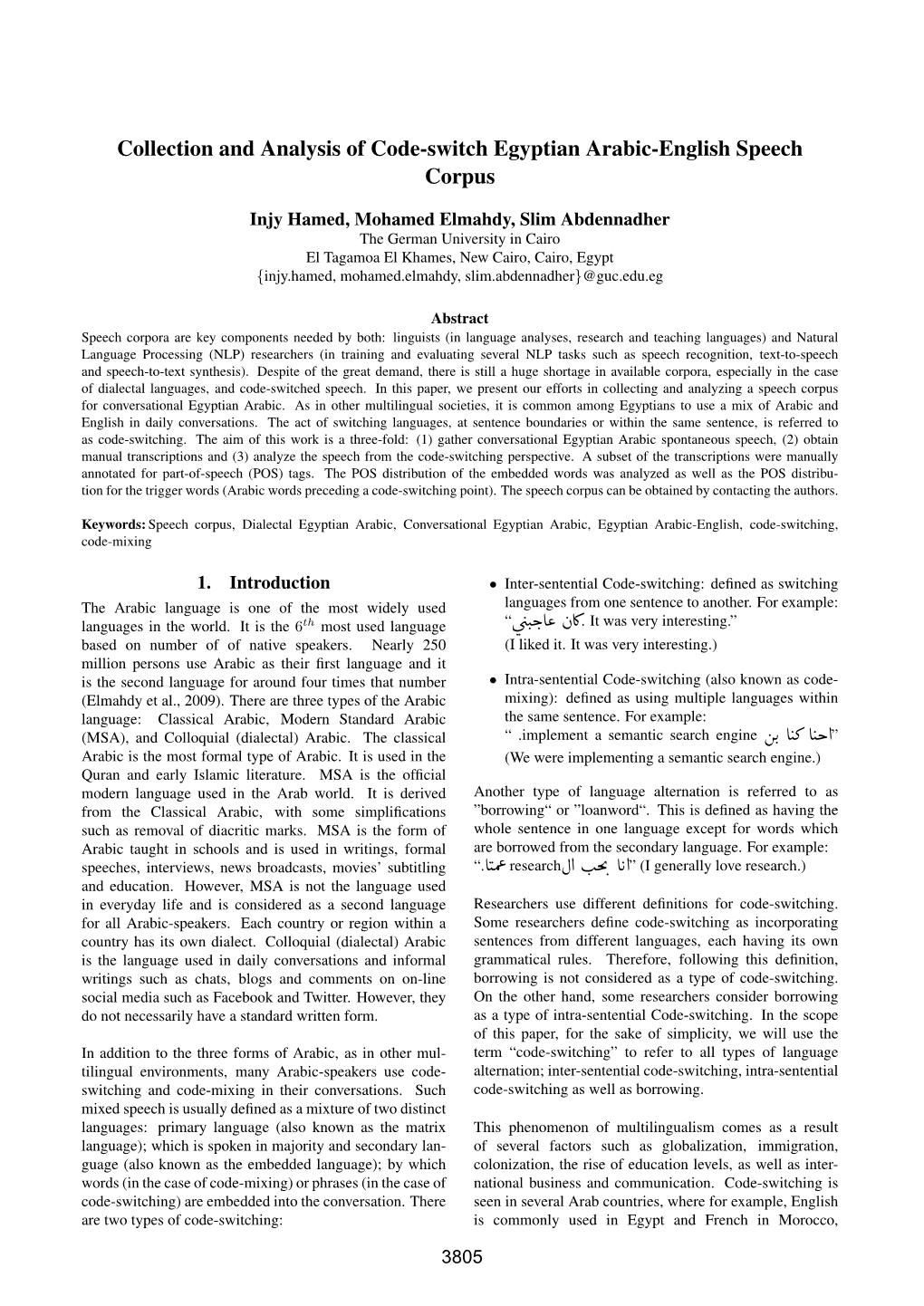 Collection and Analysis of Code-Switch Egyptian Arabic-English Speech Corpus