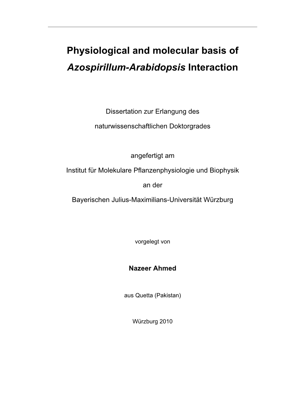 Physiological and Molecular Basis of Azospirillum-Arabidopsis Interaction