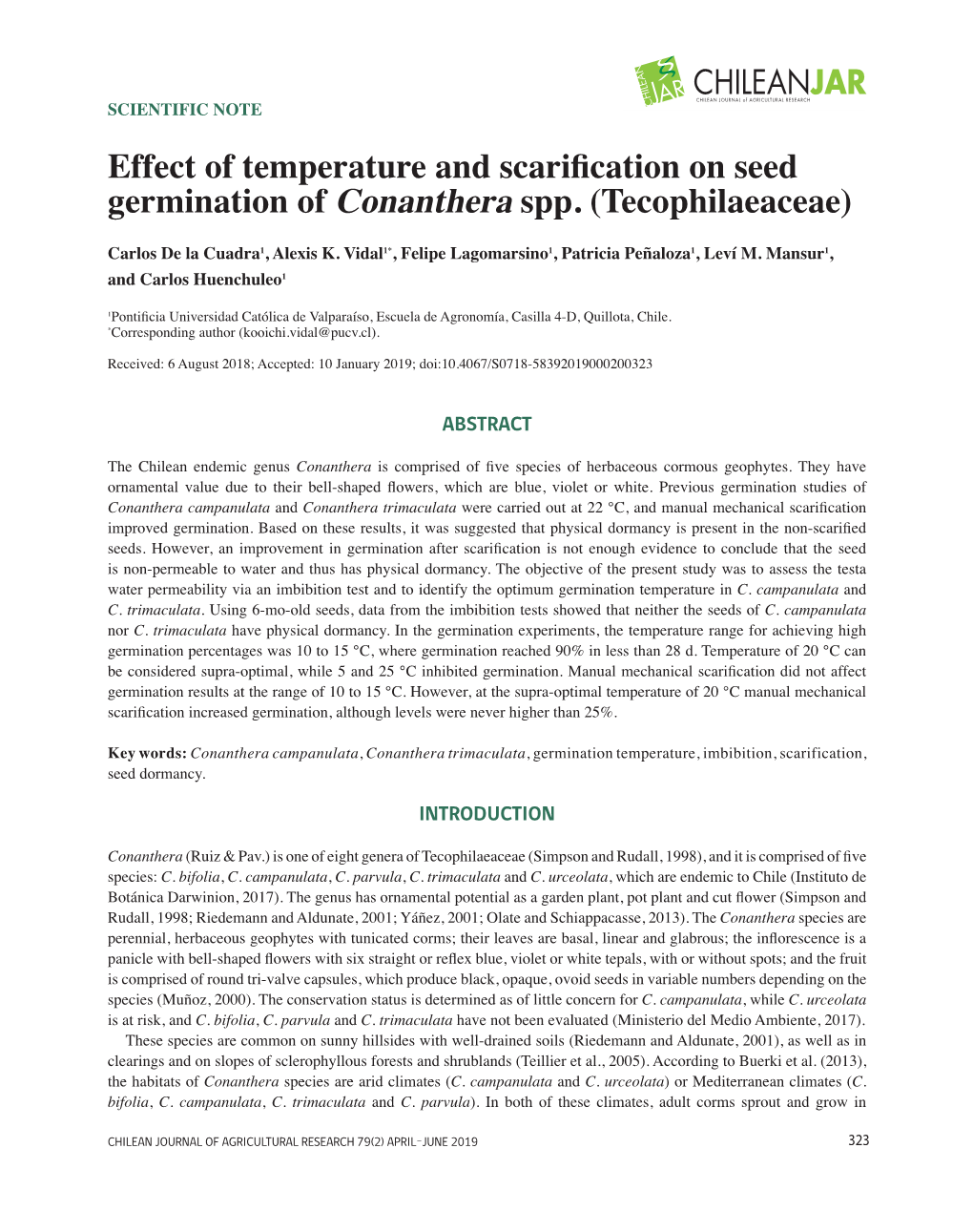 Effect of Temperature and Scarification on Seed Germination of Conanthera Spp