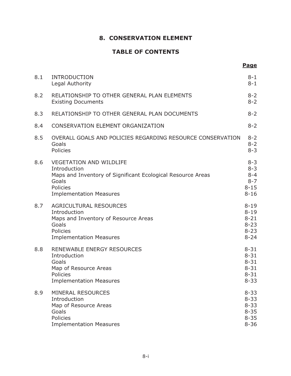 8. Conservation Element Table of Contents