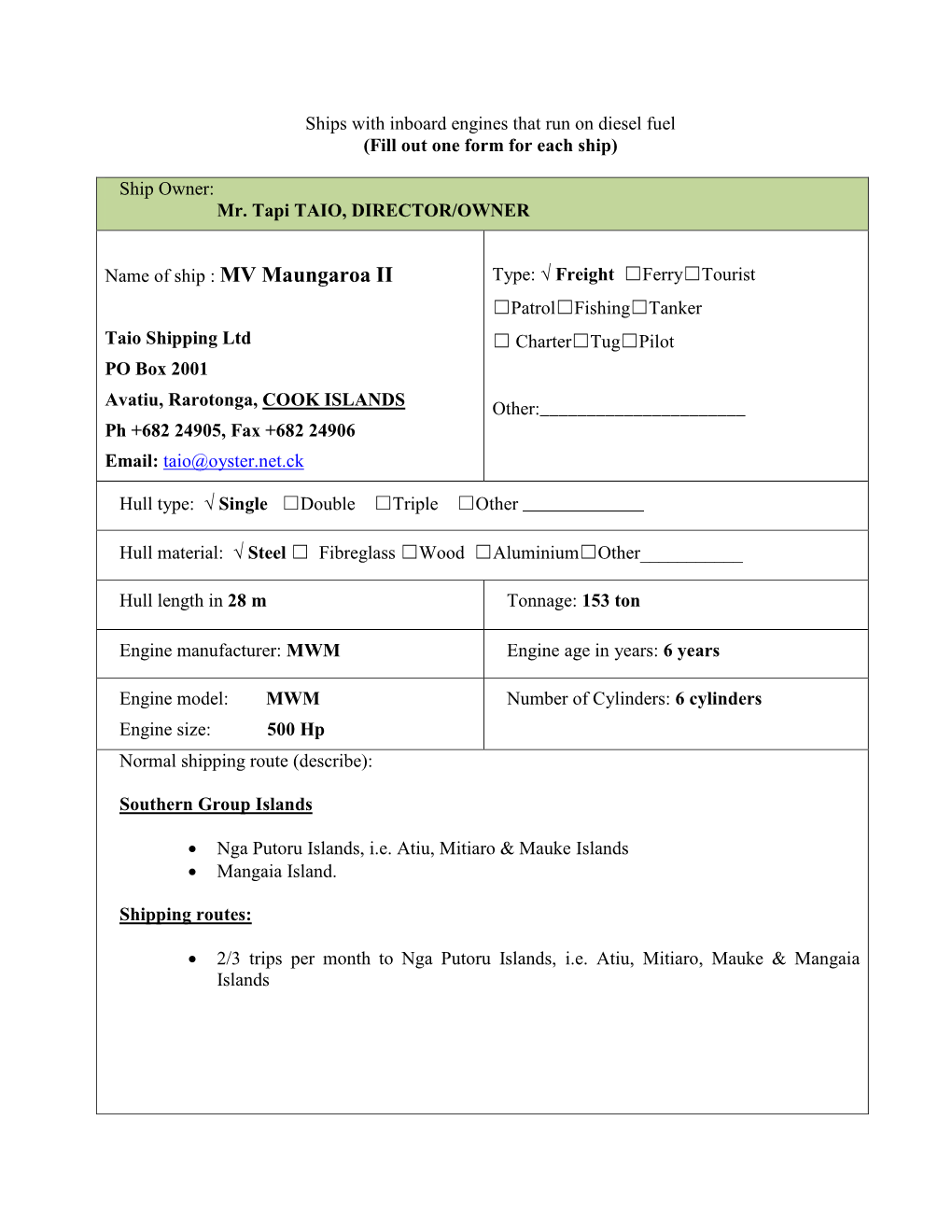 Ships with Inboard Engines That Run on Diesel Fuel (Fill out One Form for Each Ship)