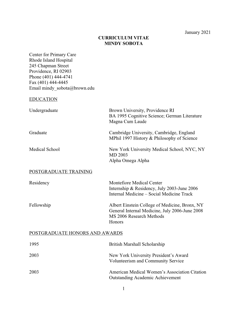 1 January 2021 CURRICULUM VITAE MINDY SOBOTA Center for Primary Care Rhode Island Hospital 245 Chapman Street Providence, RI