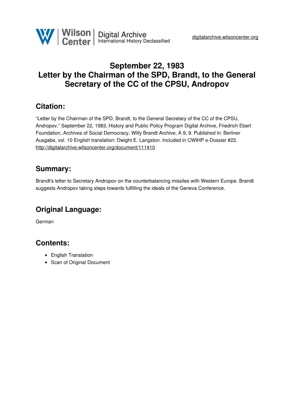 September 22, 1983 Letter by the Chairman of the SPD, Brandt, to the General Secretary of the CC of the CPSU, Andropov