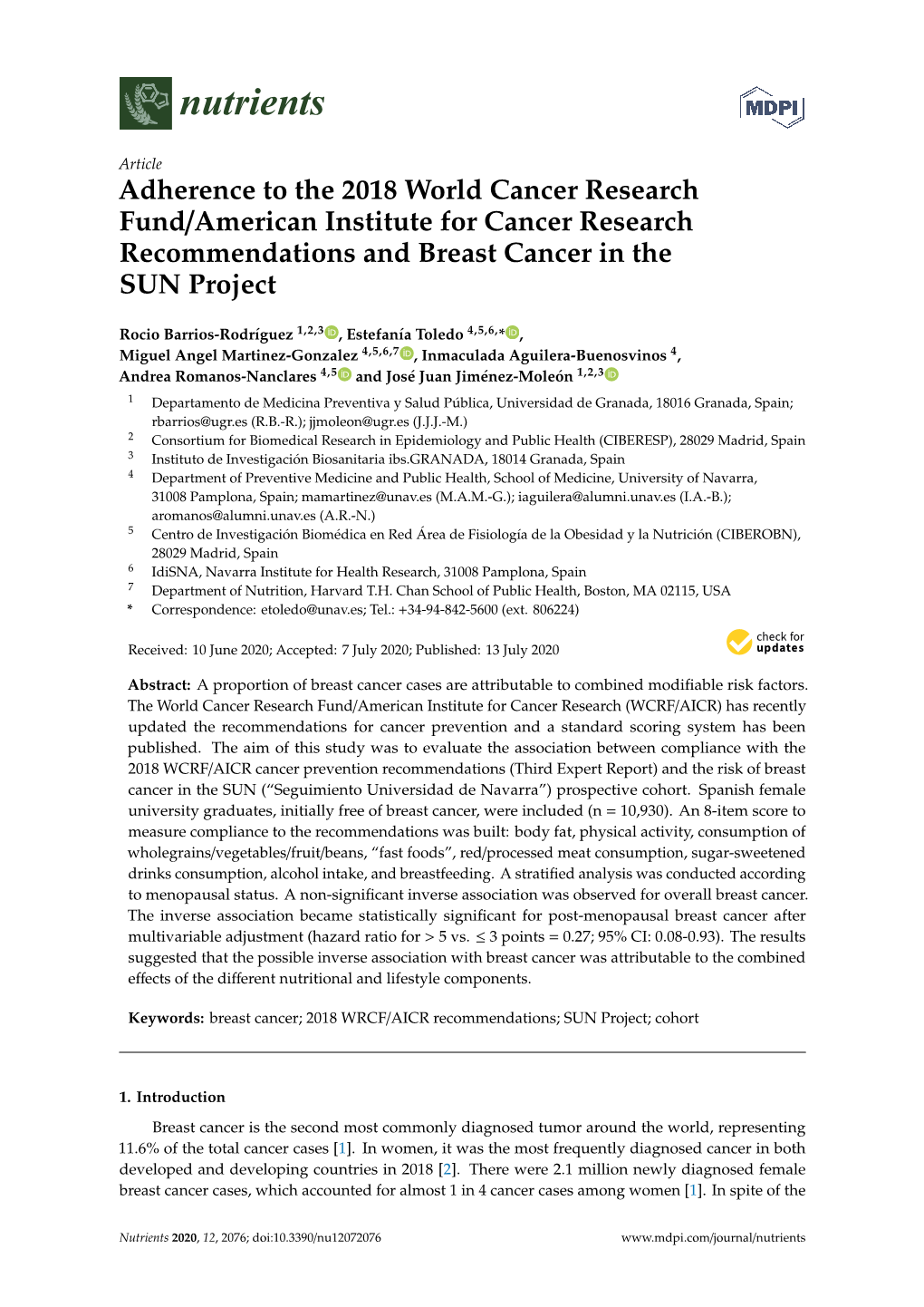 Adherence to the 2018 World Cancer Research Fund/American Institute for Cancer Research Recommendations and Breast Cancer in the SUN Project