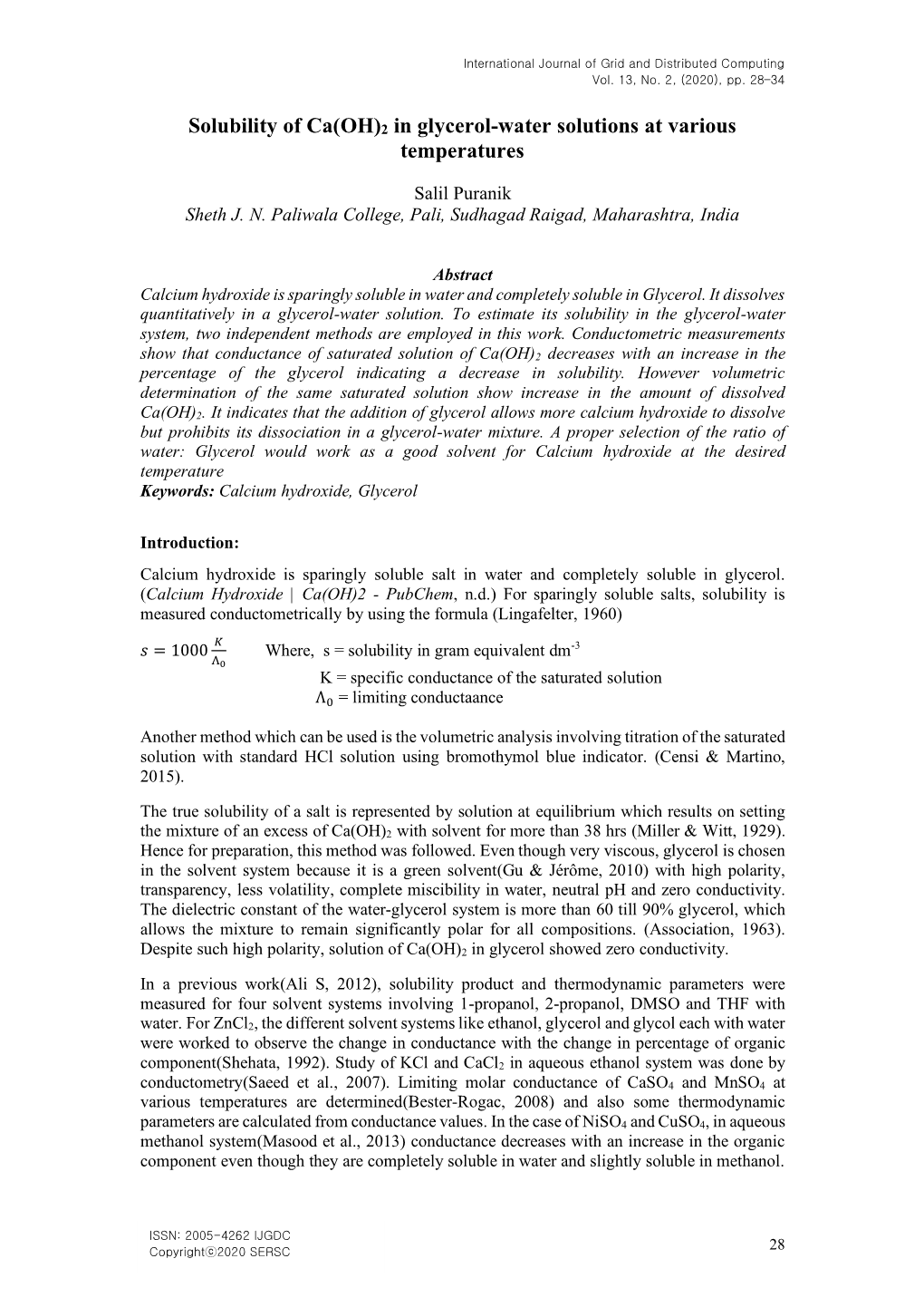 Solubility of Ca(OH)2 in Glycerol-Water Solutions at Various Temperatures