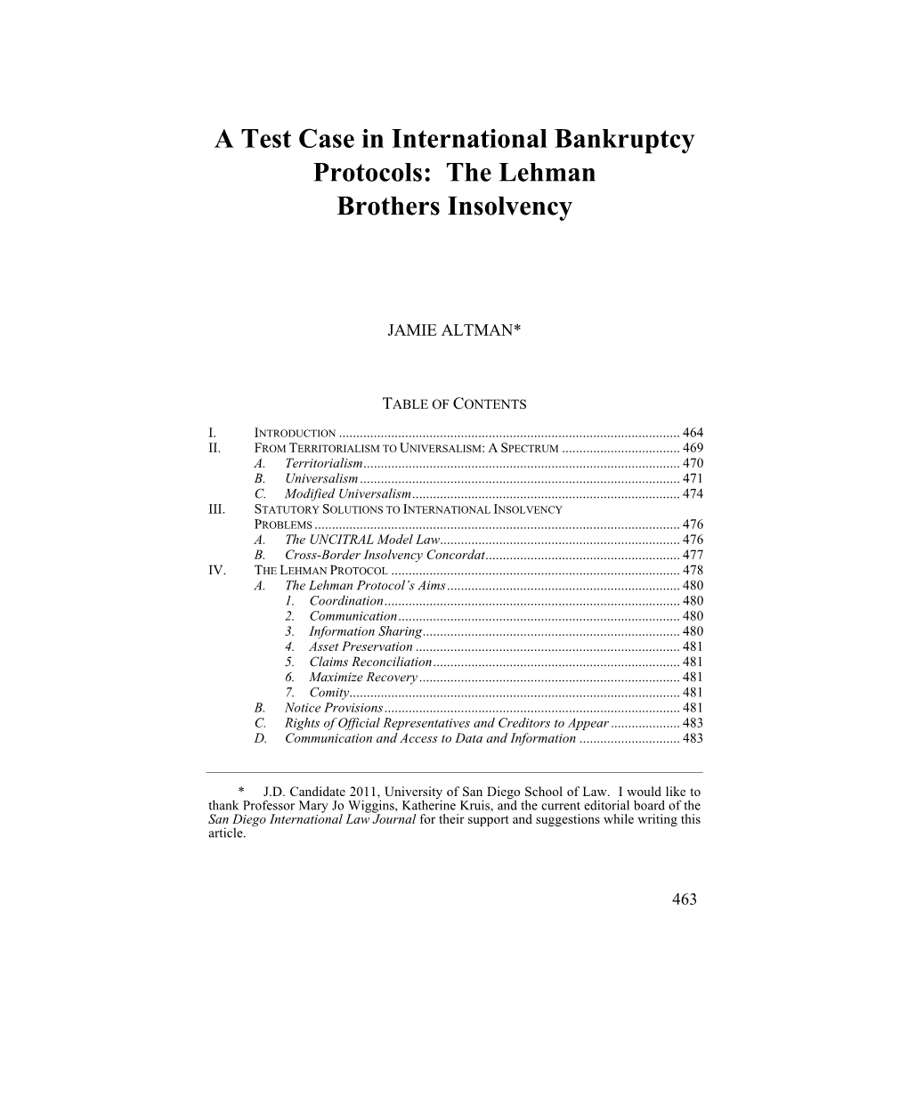 A Test Case in International Bankruptcy Protocols: the Lehman Brothers Insolvency