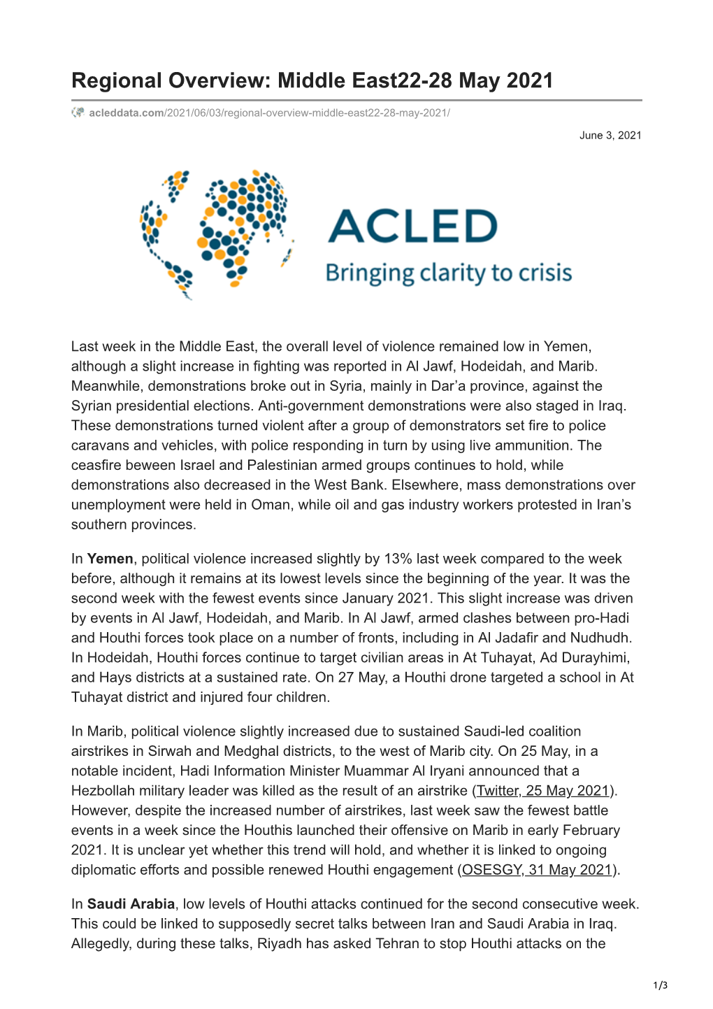 Regional Overview: Middle East22-28 May 2021