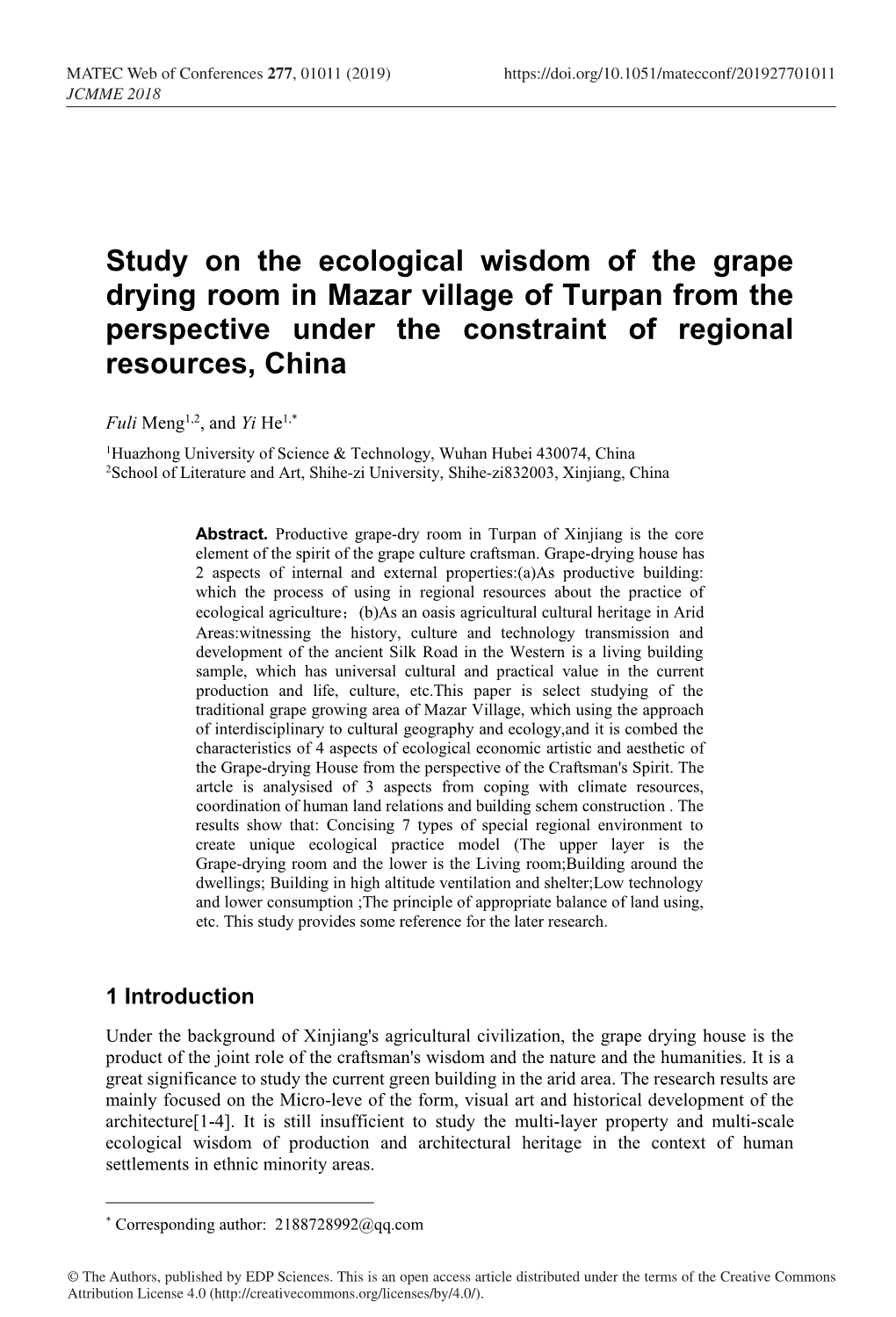 Study on the Ecological Wisdom of the Grape Drying Room in Mazar Village of Turpan from the Perspective Under the Constraint of Regional Resources, China
