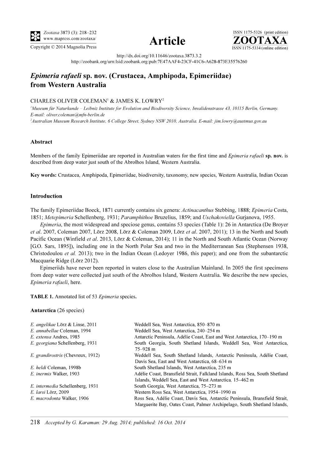 Epimeria Rafaeli Sp. Nov. (Crustacea, Amphipoda, Epimeriidae) from Western Australia