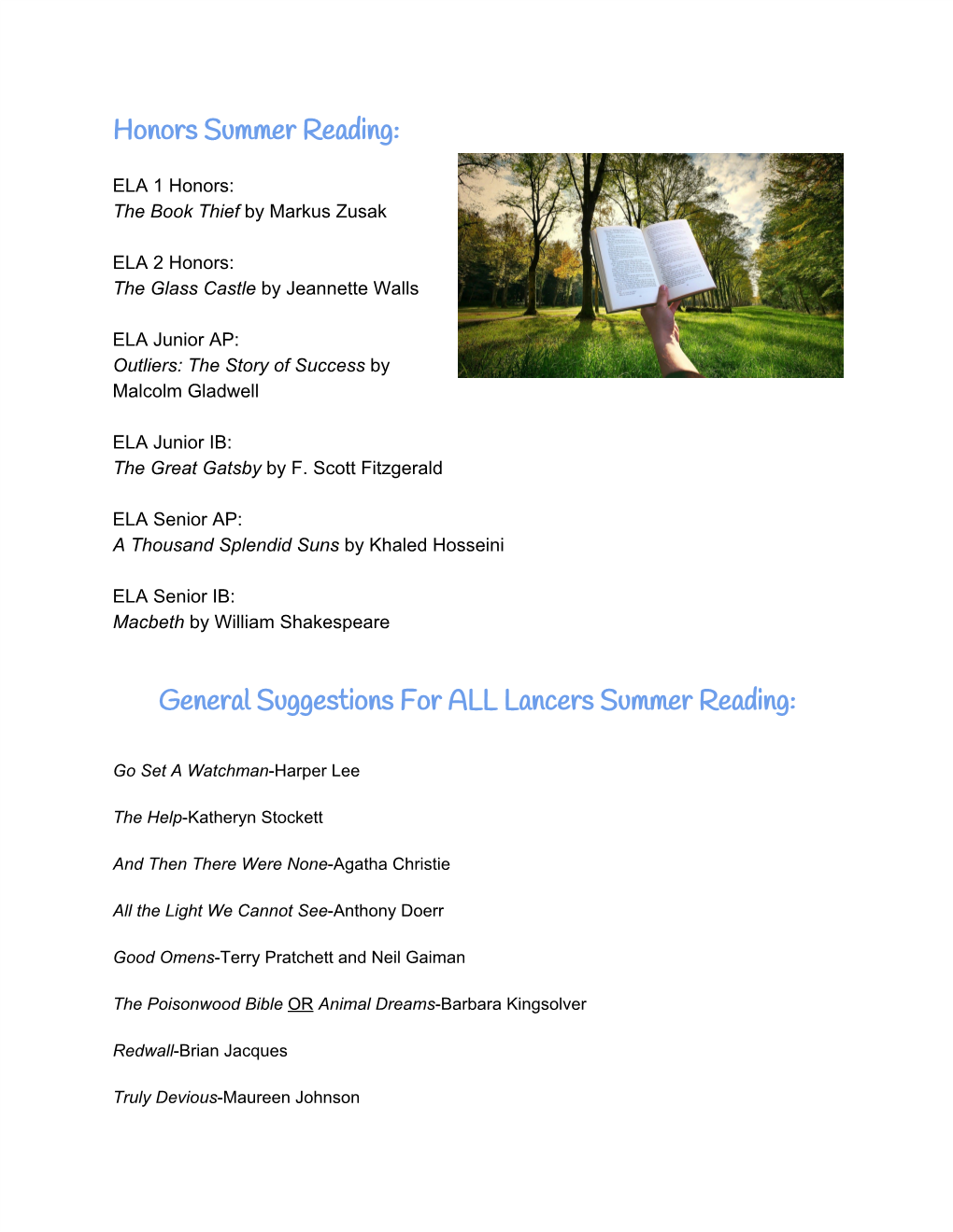 Honors Summer Reading: General Suggestions for ALL Lancers