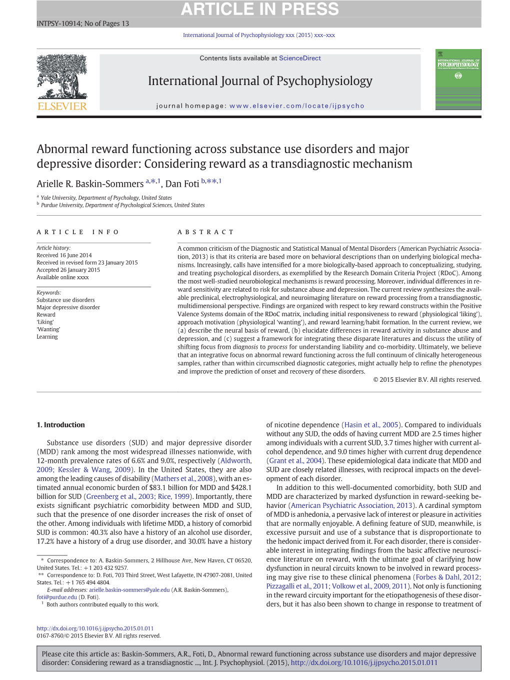 Abnormal Reward Functioning Across Substance Use Disorders and Major Depressive Disorder: Considering Reward As a Transdiagnostic Mechanism