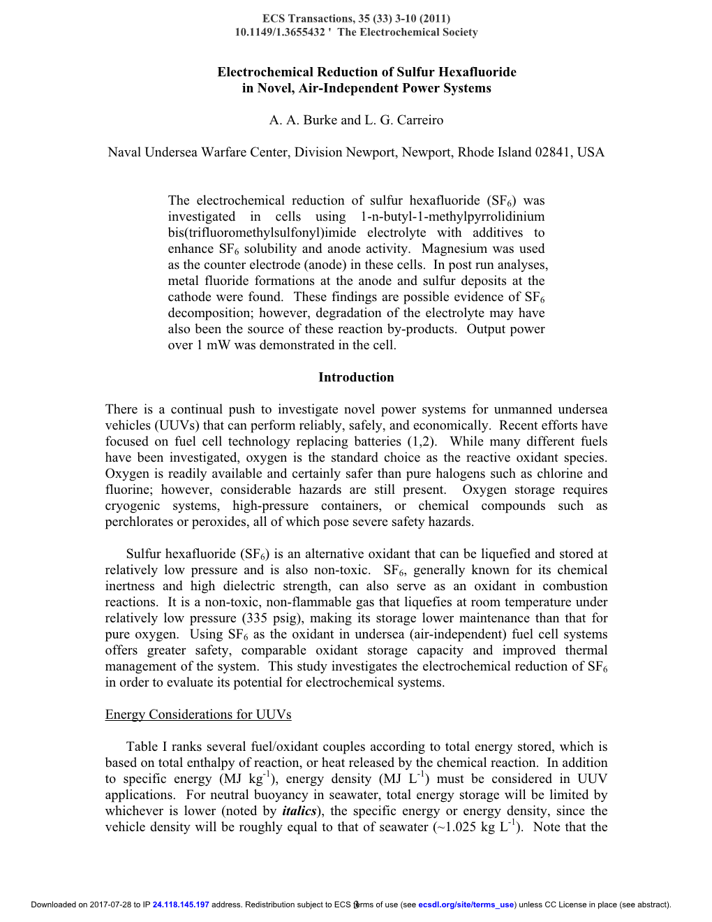 Electrochemical Reduction of Sulfur Hexafluoride in Novel, Air-Independent Power Systems