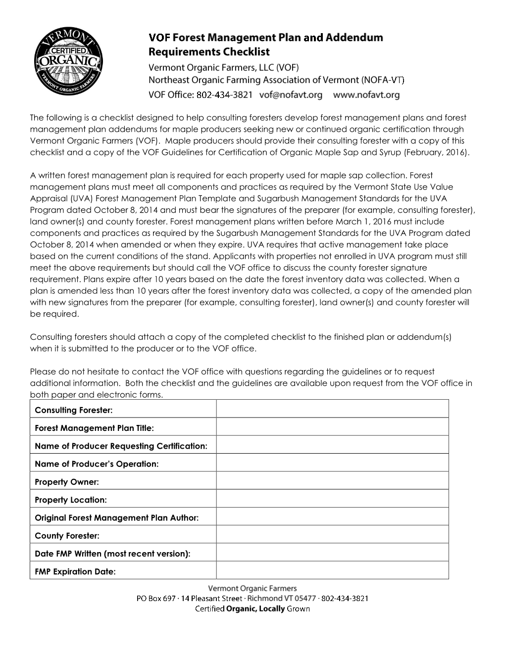 VOF Forest Managment Checklist