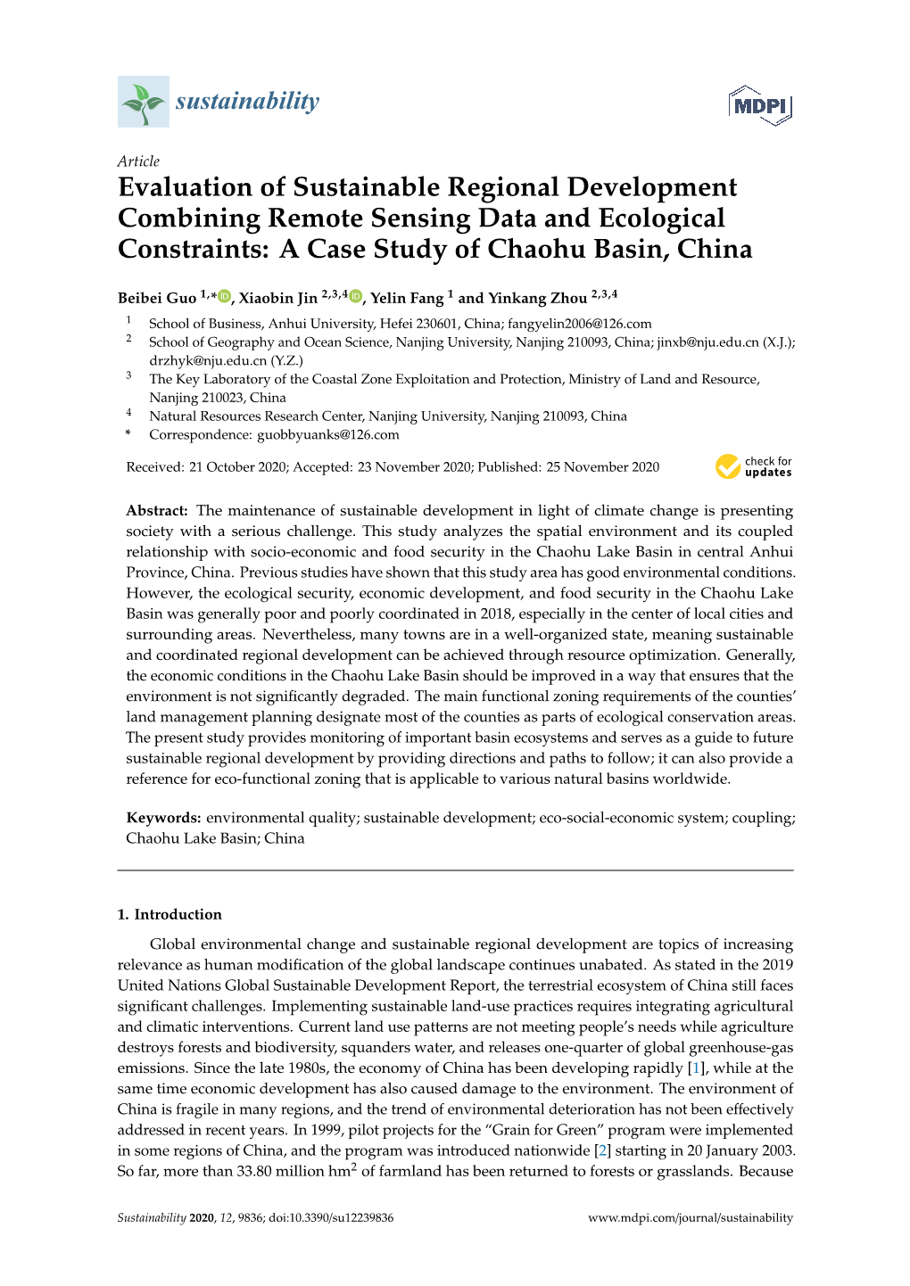 Evaluation of Sustainable Regional Development Combining Remote Sensing Data and Ecological Constraints: a Case Study of Chaohu Basin, China