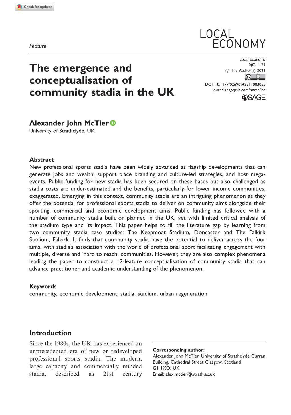 The Emergence and Conceptualisation of Community Stadia