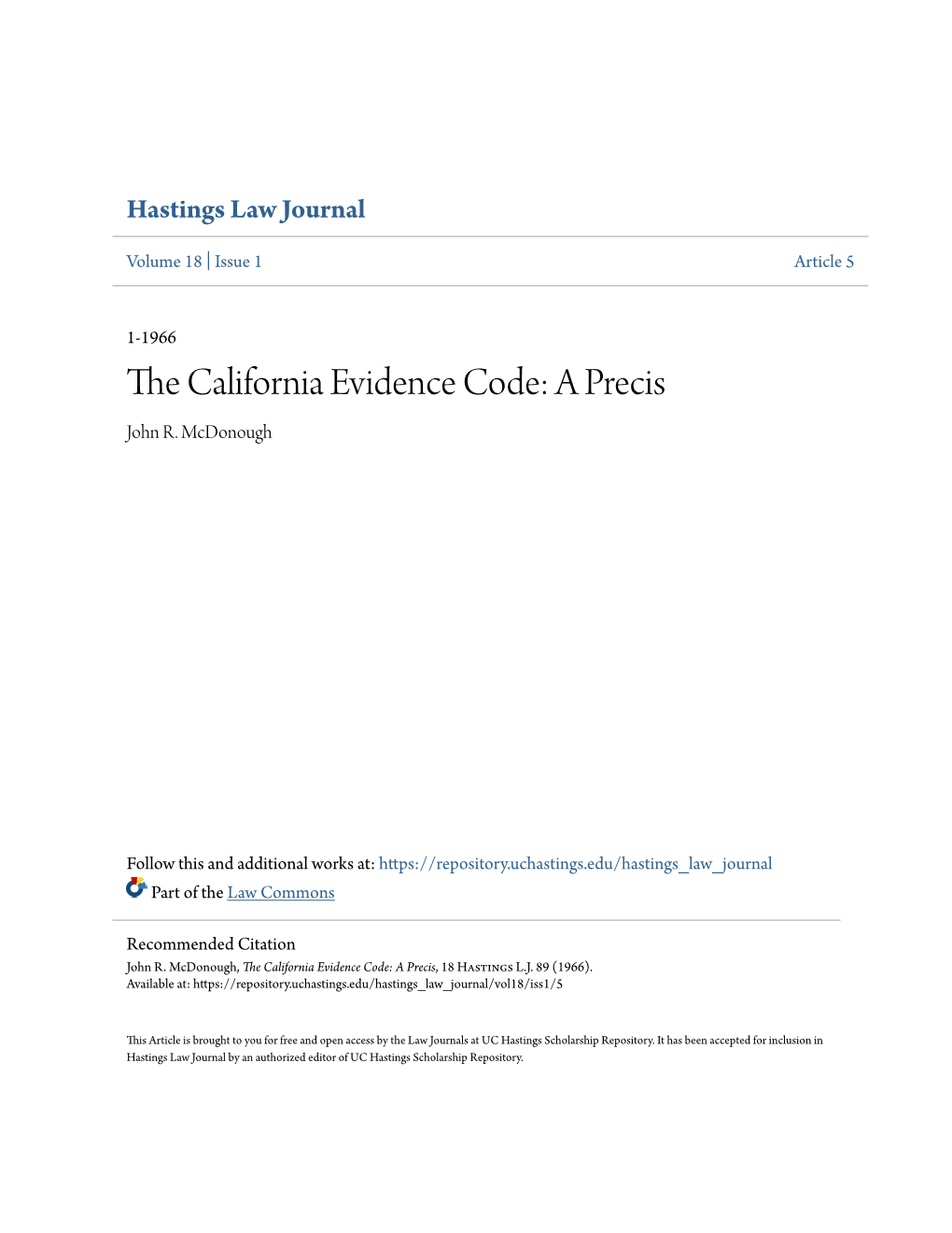 The California Evidence Code: a Precis, 18 Hastings L.J