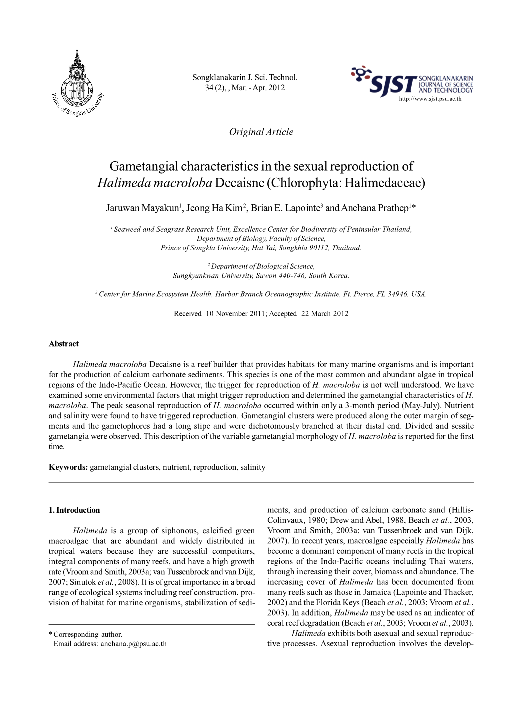 Gametangial Characteristics in the Sexual Reproduction of Halimeda Macroloba Decaisne (Chlorophyta: Halimedaceae)