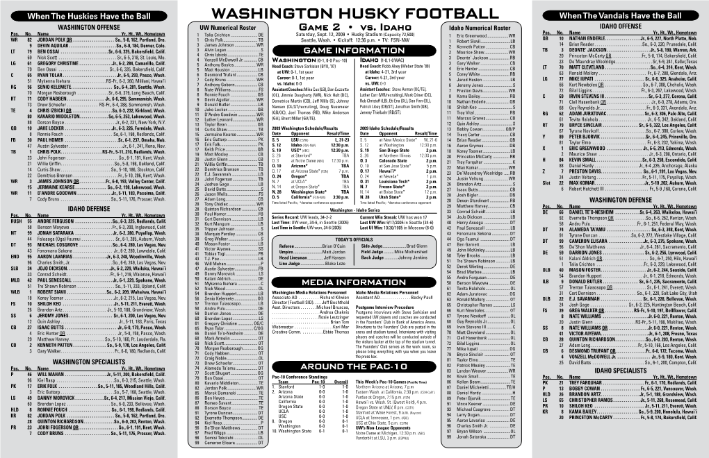 WASHINGTON HUSKY FOOTBALL When the Vandals Have the Ball WASHINGTON OFFENSE UW Numerical Roster Game 2 • Vs