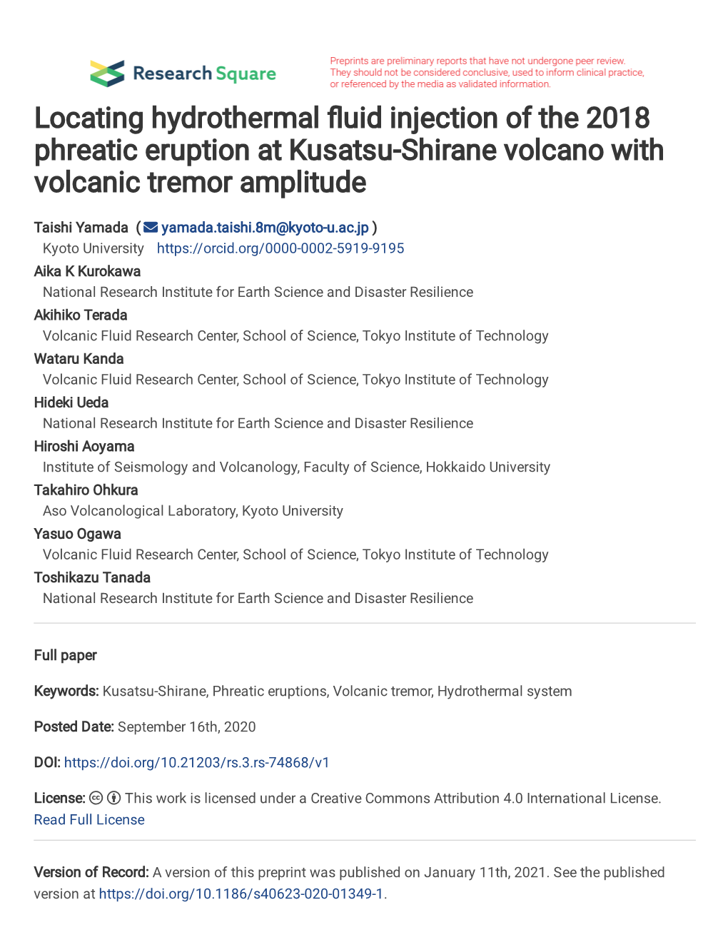 Title: Locating Hydrothermal Fluid Injection of the 2018 Phreatic Eruption at Kusatsu