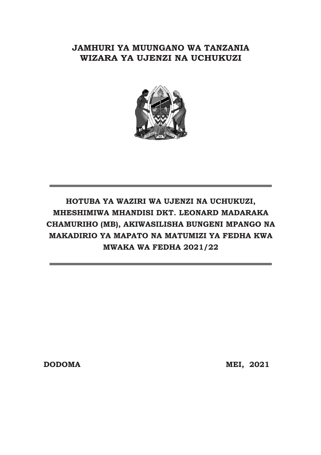 Jamhuri Ya Muungano Wa Tanzania Wizara Ya Ujenzi Na Uchukuzi