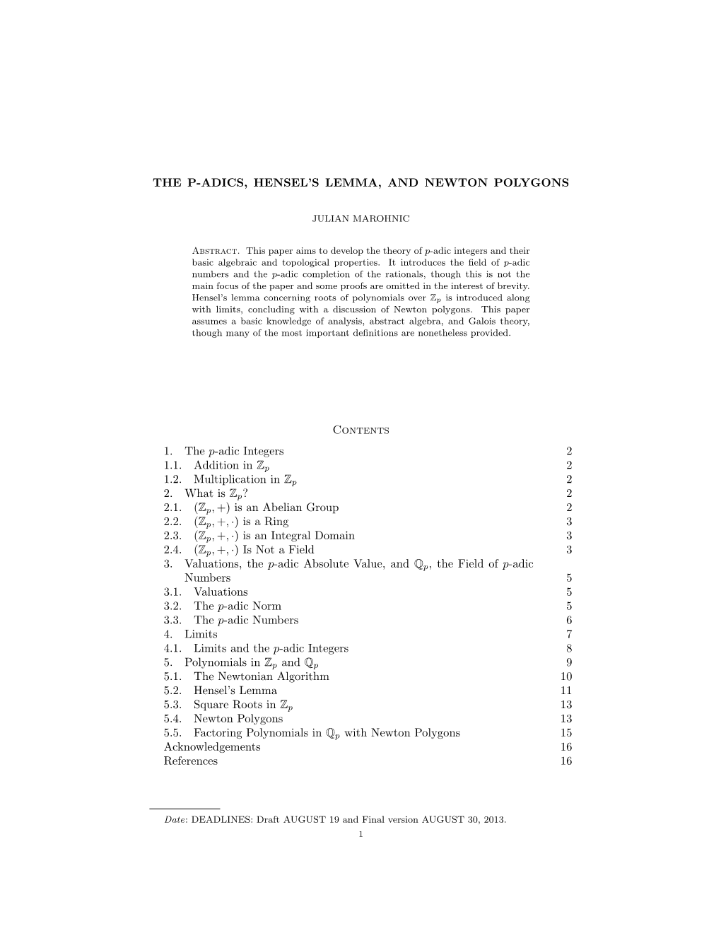 The P-Adics, Hensel's Lemma, and Newton Polygons