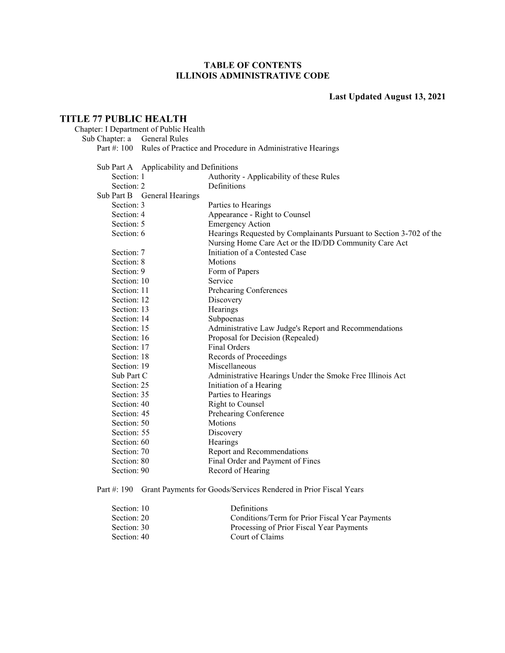 TITLE 77 PUBLIC HEALTH Chapter: I Department of Public Health Sub Chapter: a General Rules Part #: 100 Rules of Practice and Procedure in Administrative Hearings