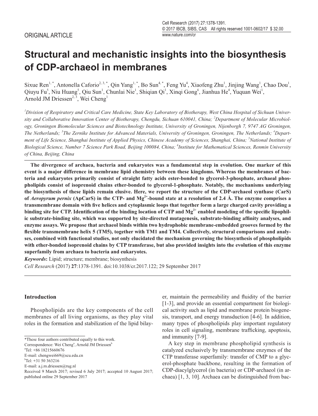 Structural and Mechanistic Insights Into the Biosynthesis of CDP-Archaeol in Membranes
