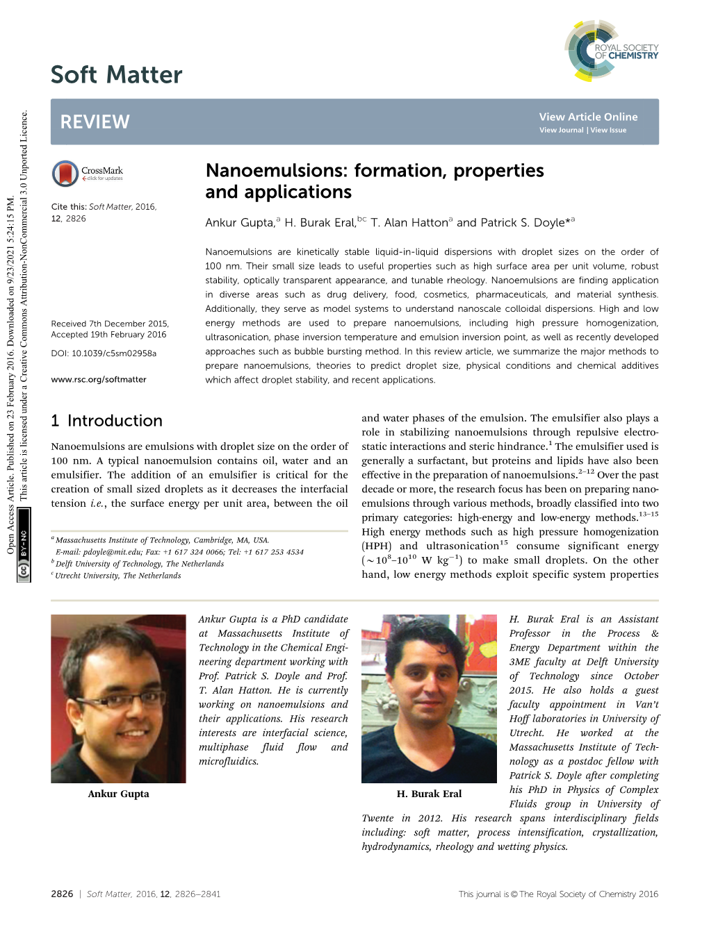 Nanoemulsions: Formation, Properties and Applications Cite This: Soft Matter, 2016, 12,2826 Ankur Gupta,A H