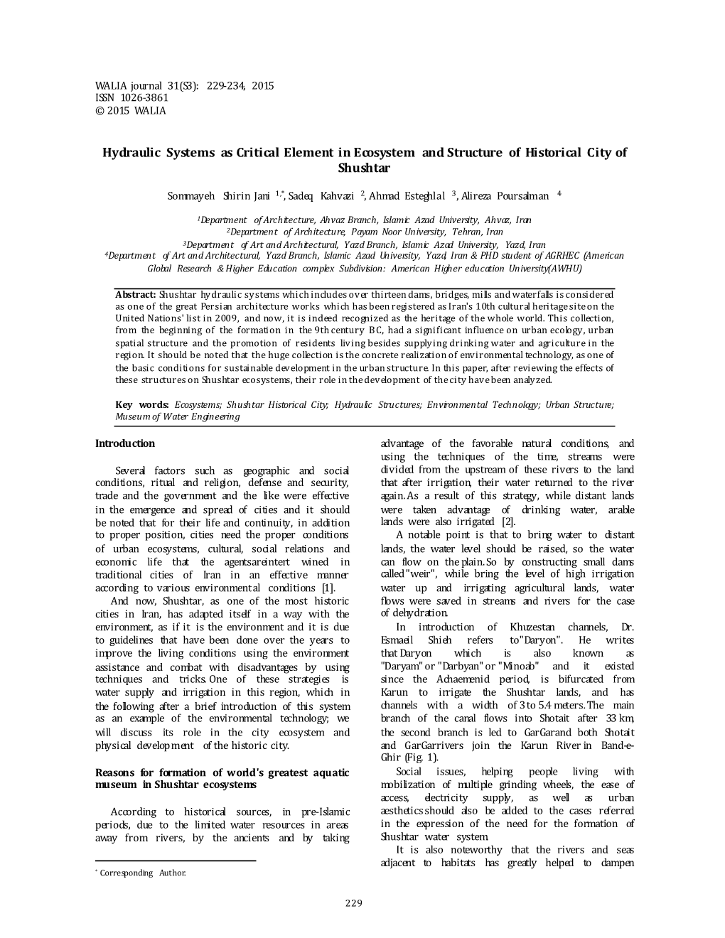 Hydraulic Systems As Critical Element in Ecosystem and Structure of Historical City of Shushtar