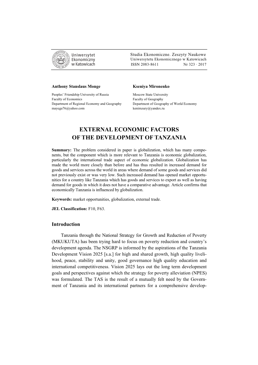 External Economic Factors of the Development of Tanzania