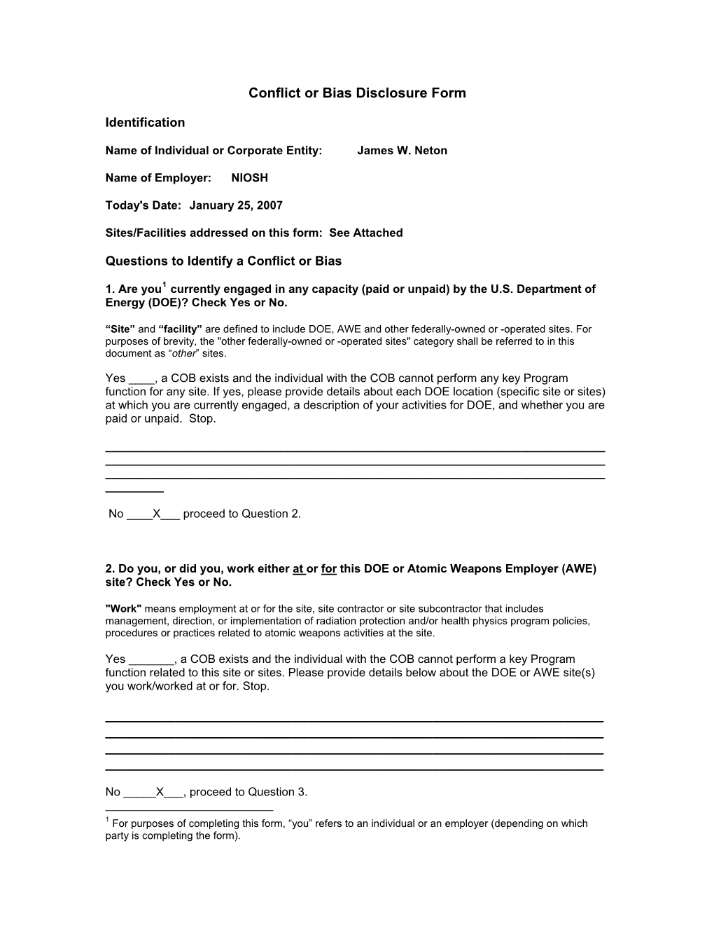 Non-Conflicted COB Disclosure Form for Multiple Sites, General