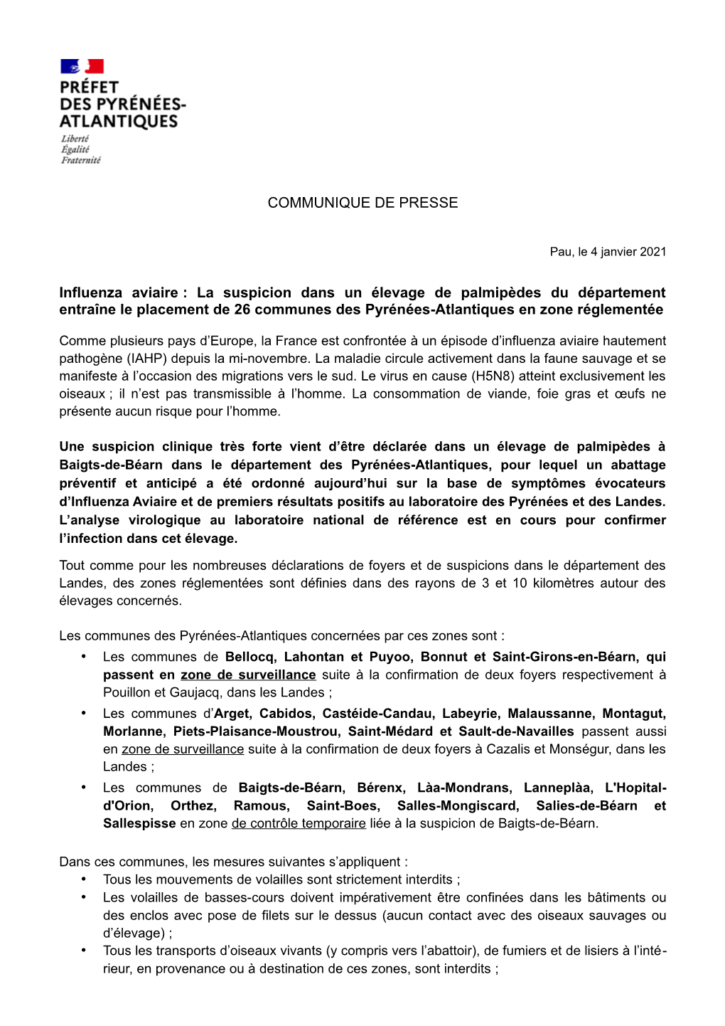 COMMUNIQUE DE PRESSE Influenza Aviaire : La Suspicion Dans Un Élevage De Palmipèdes Du Département Entraîne Le Placement De