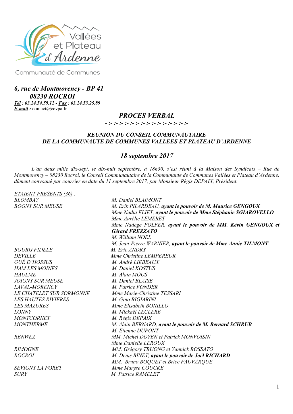 BP 41 08230 ROCROI PROCES VERBAL 18 Septembre 2017