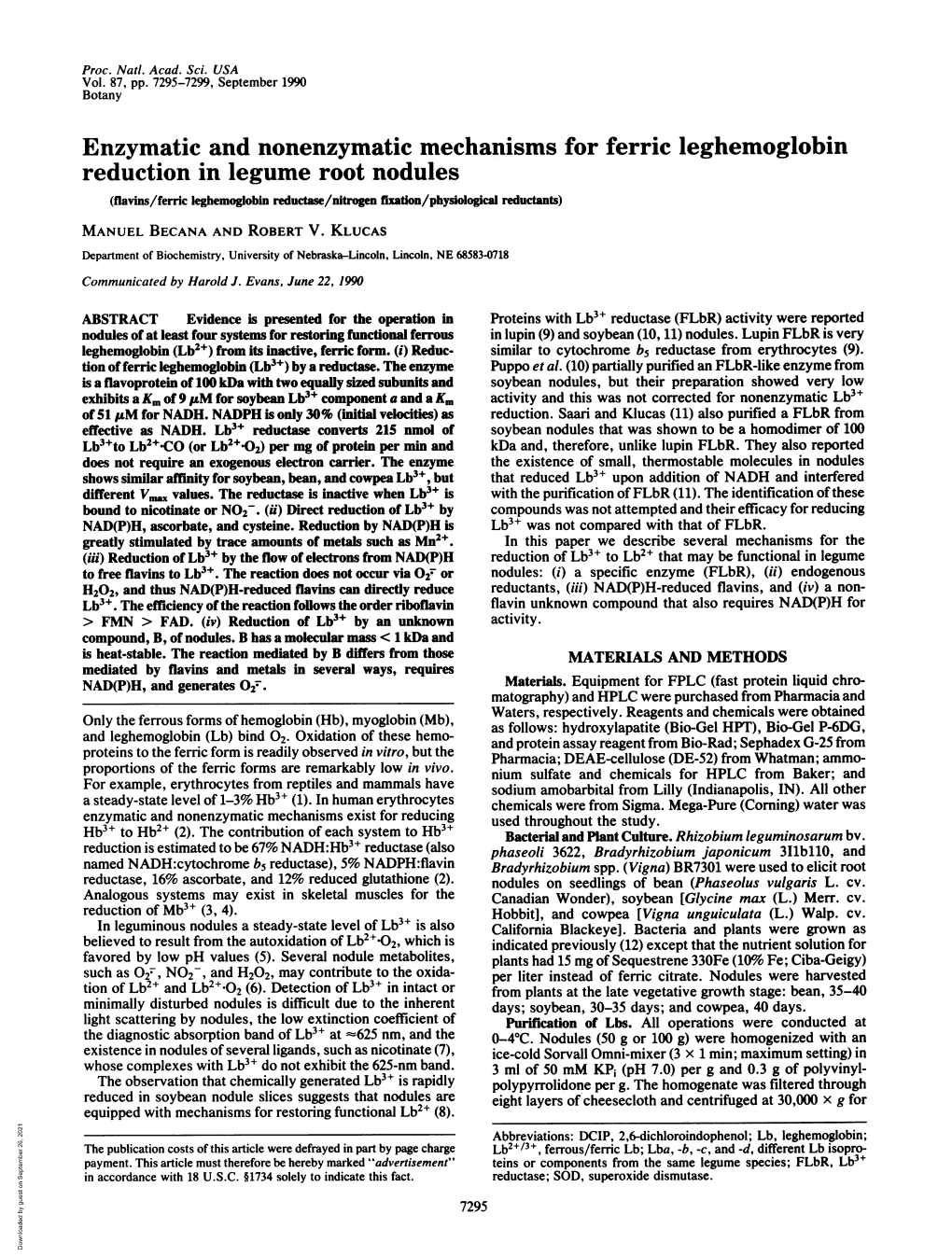Reduction in Legume Root Nodules (Flavins/Ferric Leghemoglobin Reductase/Nitrogen Fixadtion/Physiological Reductants) MANUEL BECANA and ROBERT V