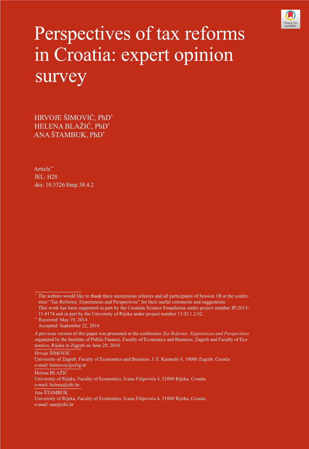 Perspectives of Tax Reforms in Croatia: Expert Opinion Survey