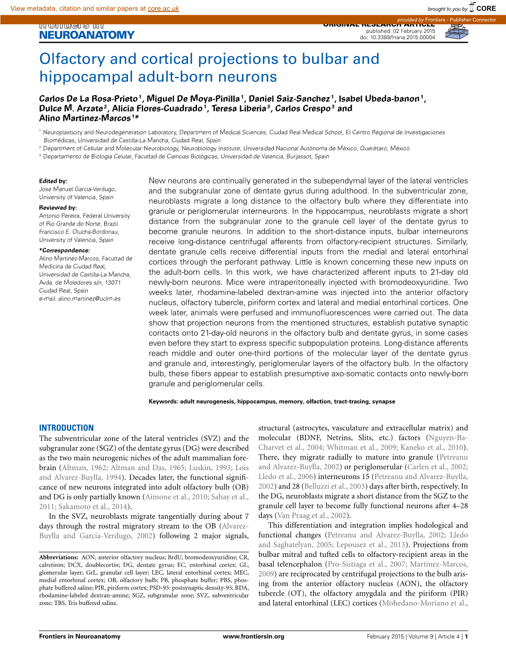 Olfactory and Cortical Projections to Bulbar and Hippocampal Adult-Born Neurons