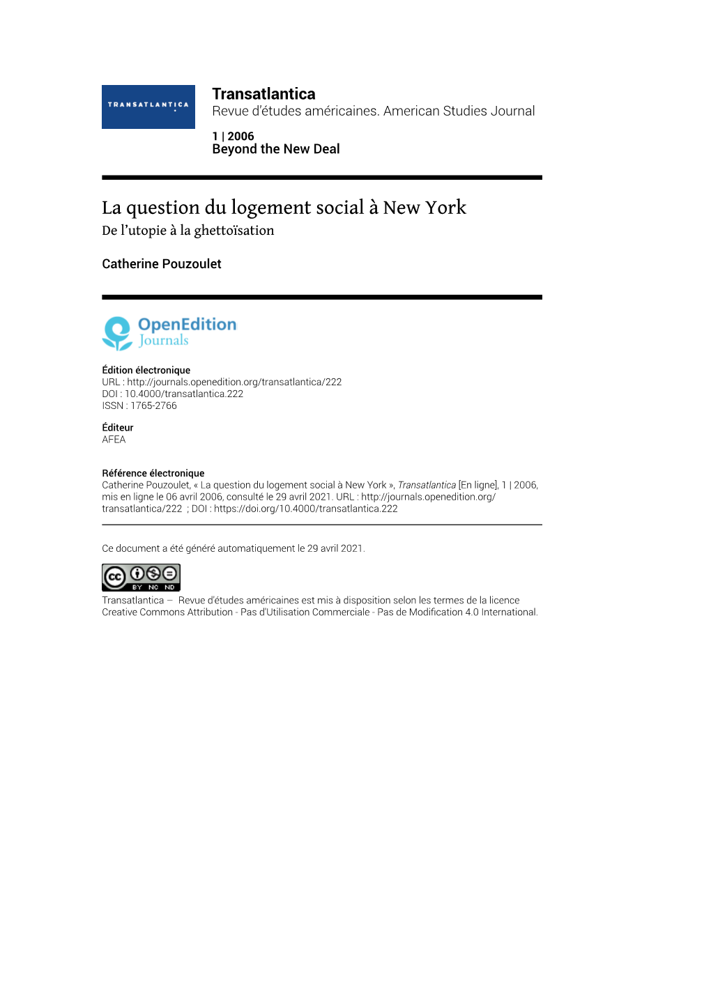 Transatlantica, 1 | 2006 La Question Du Logement Social À New York 2