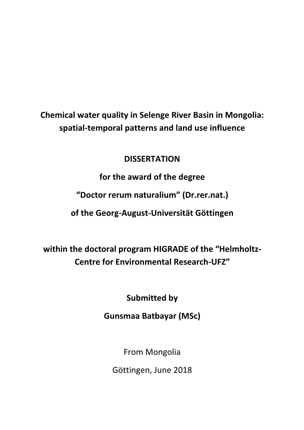 Chemical Water Quality in Selenge River Basin in Mongolia: Spatial-Temporal Patterns and Land Use Influence