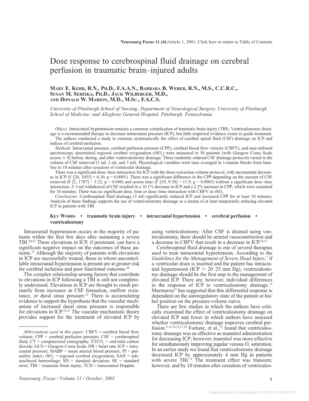 Dose Response to Cerebrospinal Fluid Drainage on Cerebral Perfusion in Traumatic Brain–Injured Adults