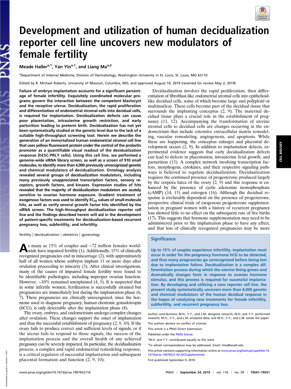 Development and Utilization of Human Decidualization Reporter Cell Line Uncovers New Modulators of Female Fertility