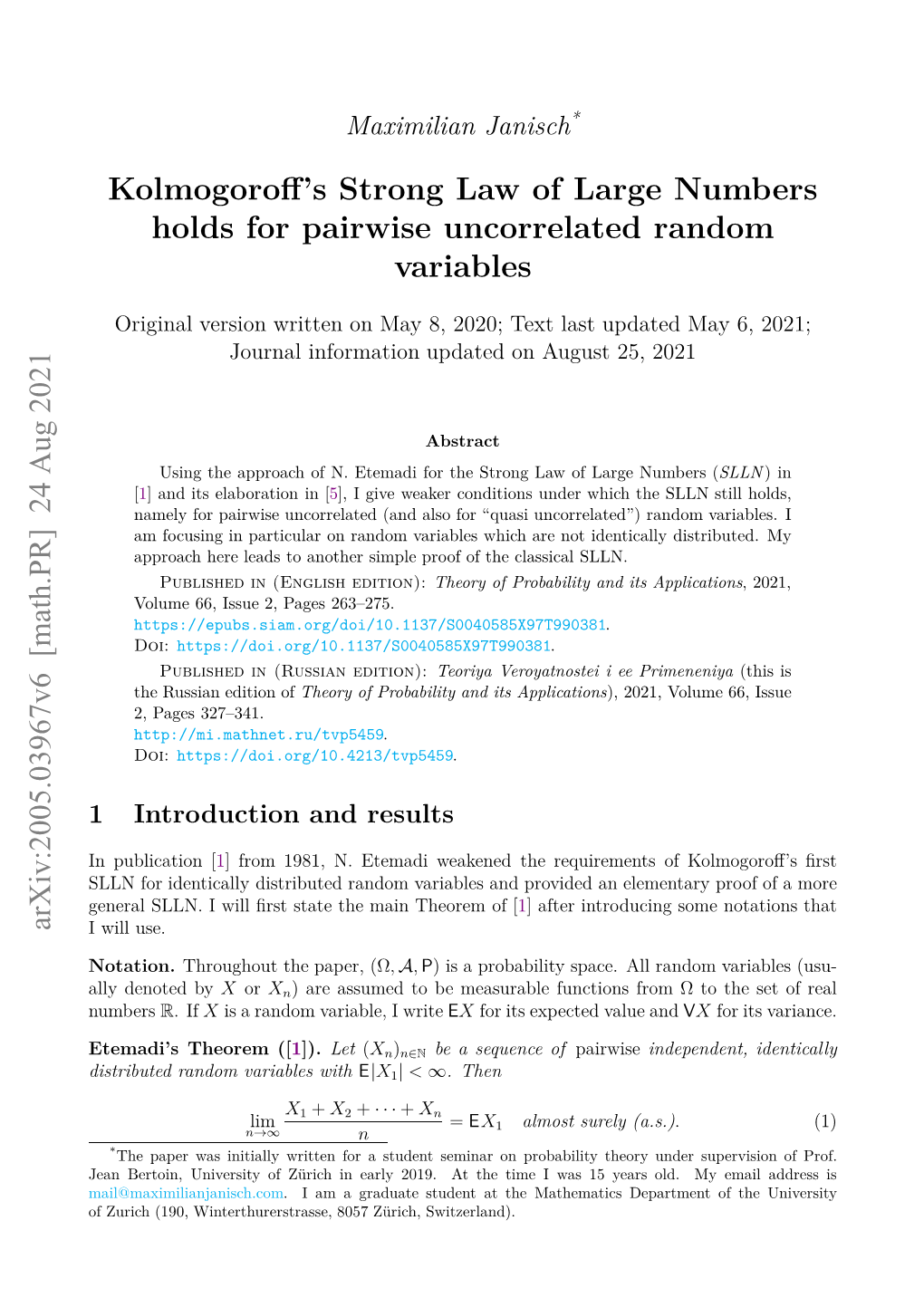 Arxiv:2005.03967V5 [Math.PR] 12 Aug 2021 Kolmogoroff's Strong Law of Large Numbers Holds for Pairwise Uncorrelated Random Va