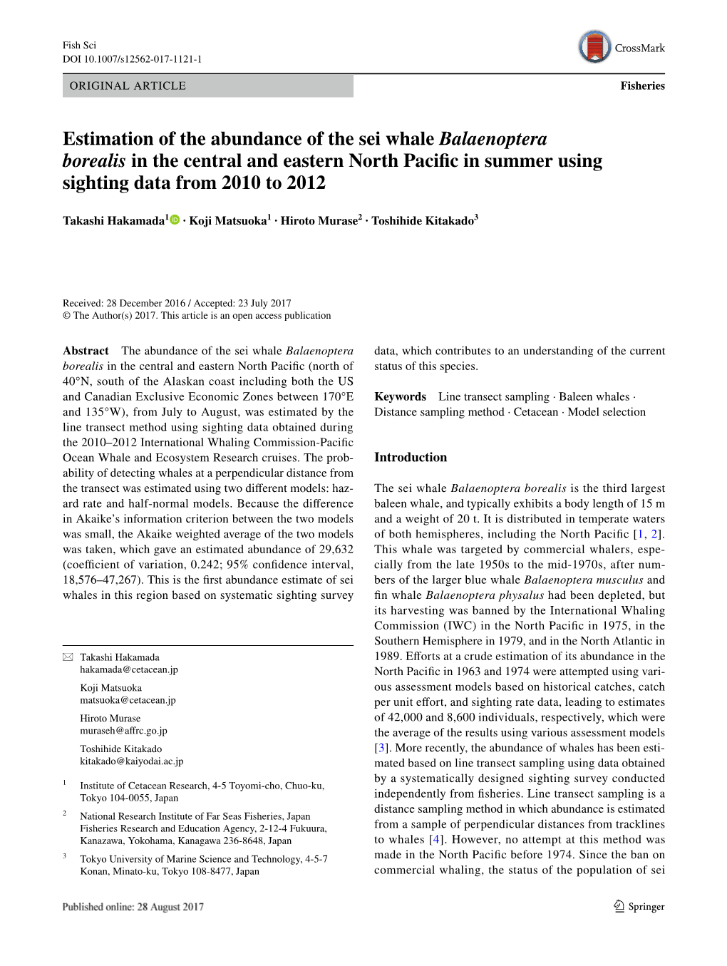 Estimation of the Abundance of the Sei Whale Balaenoptera Borealis in the Central and Eastern North Pacifc in Summer Using Sighting Data from 2010 to 2012