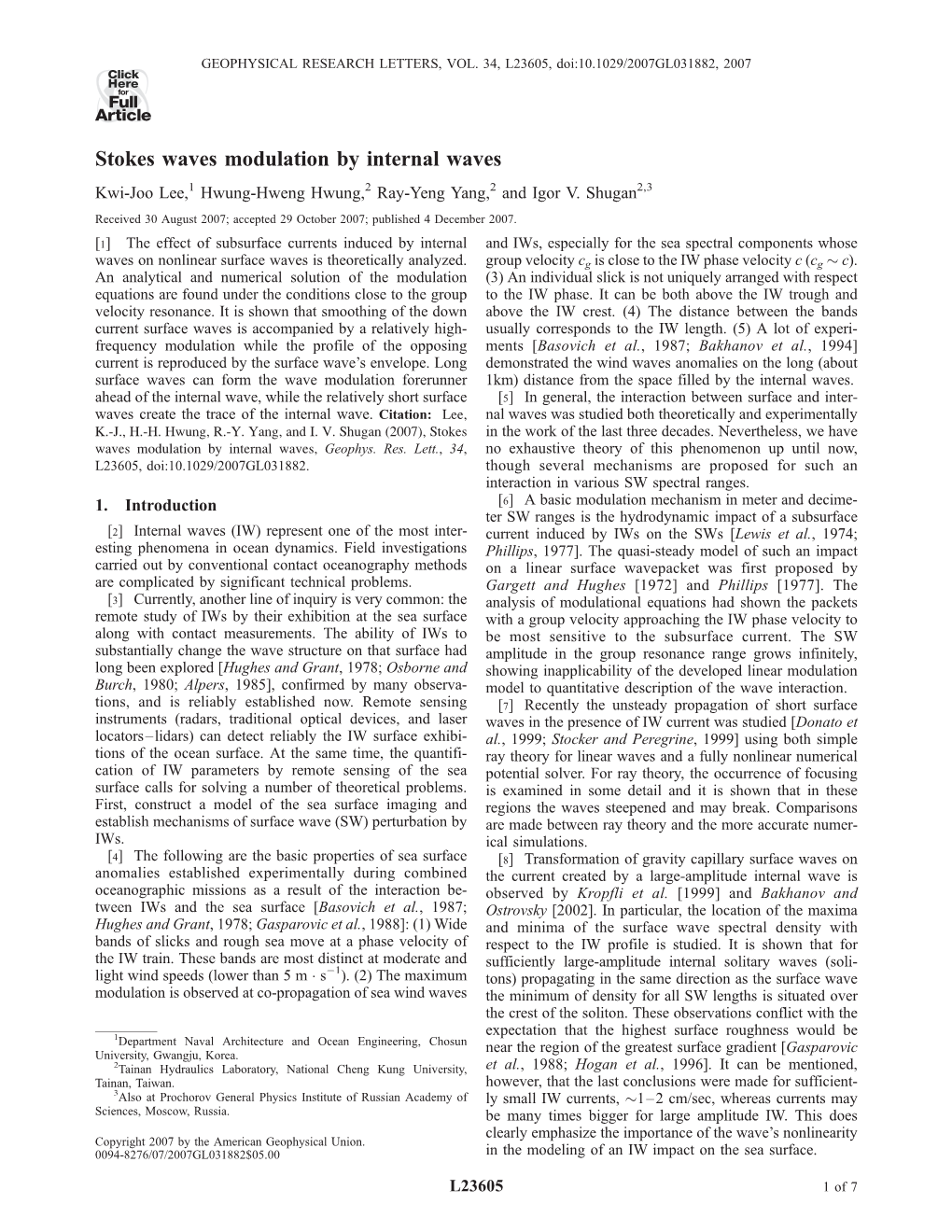 Stokes Waves Modulation by Internal Waves Kwi-Joo Lee,1 Hwung-Hweng Hwung,2 Ray-Yeng Yang,2 and Igor V