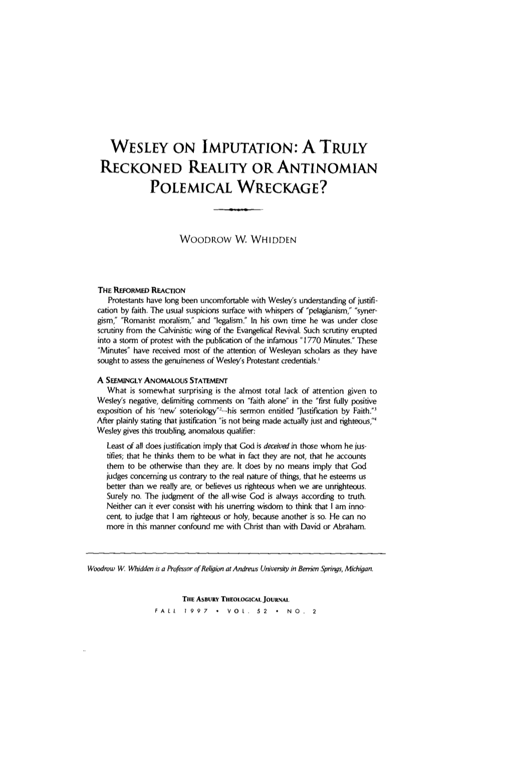 Wesley on Imputation: a Truly Reckoned Reality Or Antinomian Polemical Wreckage?